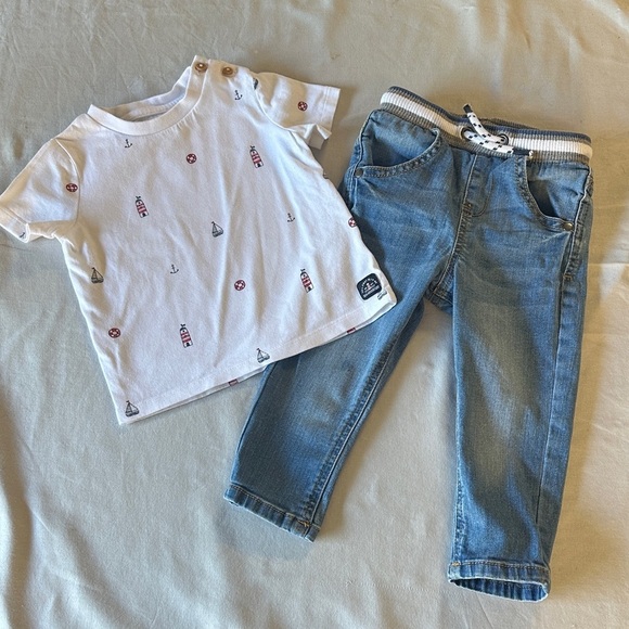 Fred & Flow - White Tee with Nautical Accent and matching denim pants - Picture 1 of 4